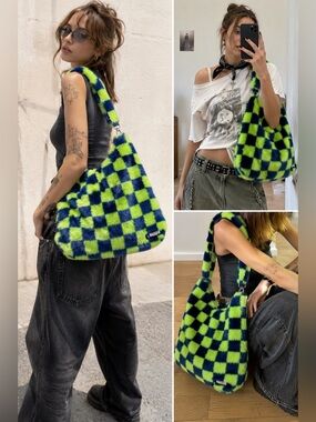 RAGGED Priest Fur Checkerboard Shoulder Bag Blue Green Plush Y2K Urban Outfitter